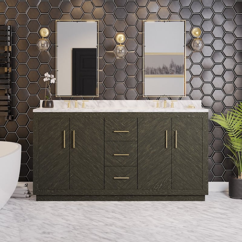 KitchenBathCollection Peyton 72" Double Bathroom Vanity with Carrara Marble Top - Dark Oak