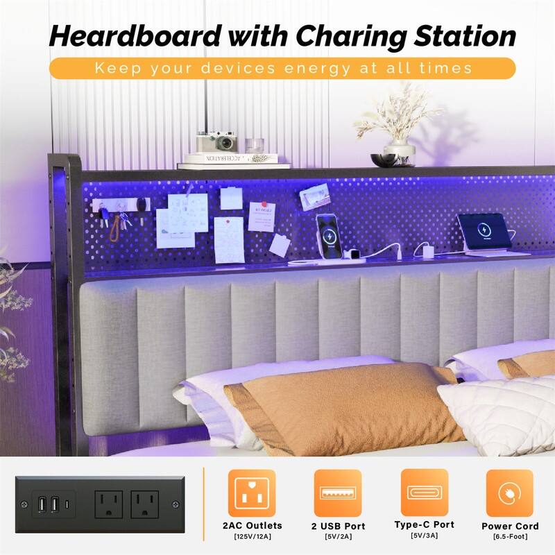 Adjustable Upholstered Headboard with 2 Tier Shelves with Charging Stations and LED Lights, Modern Bed Headboard with Storage