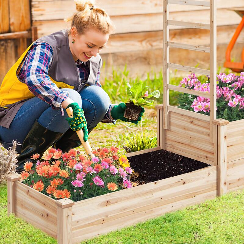 Gymax Raised Garden Bed w/ 2 Planter Boxes & Trellis Outdoor Wooden