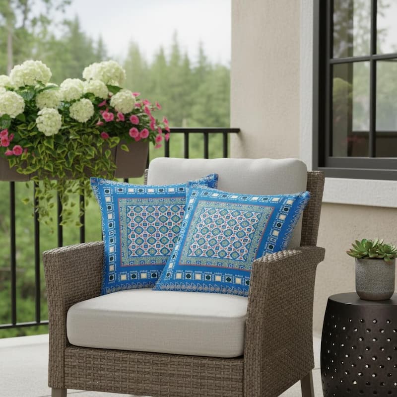 HomeRoots Set of Two 16" X 16" Blue and Pink Blown Seam Floral Indoor Outdoor Throw Pillow - 16.00' X '16.00' X '5.00 - Blue/Pink - 16.00' X '16.00' X '5.00