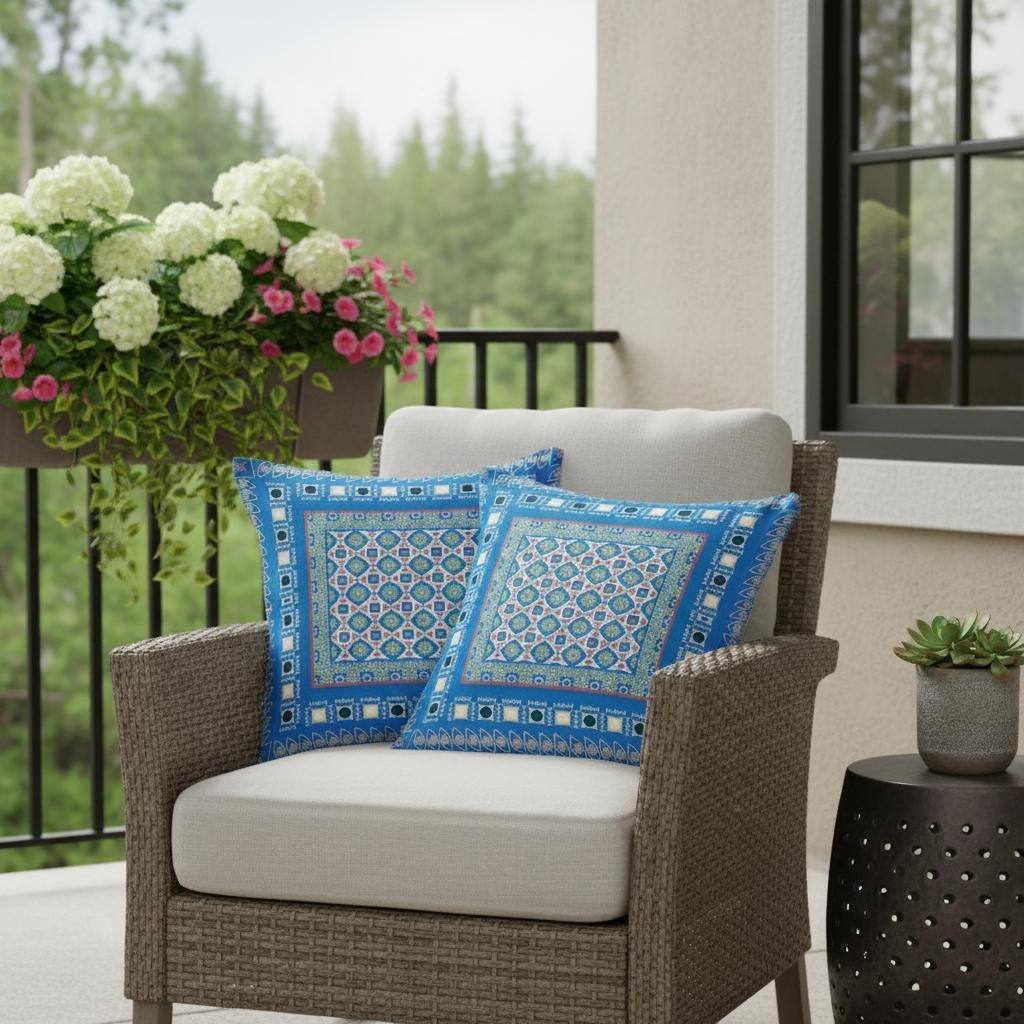 HomeRoots Set of Two 16" X 16" Blue and Pink Blown Seam Floral Indoor Outdoor Throw Pillow - 16.00' X '16.00' X '5.00