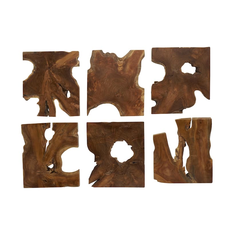 Teak Wood Abstract Handmade Live Edge Wood Slab Wall Decor - Set of 6 Brown - Roche River Decor - Brown