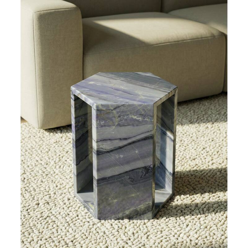 Roomfitters Luxury Natural Marble Hexagon Side Table, Solid Stone Geometric Pedestal End Table, Polished Finish