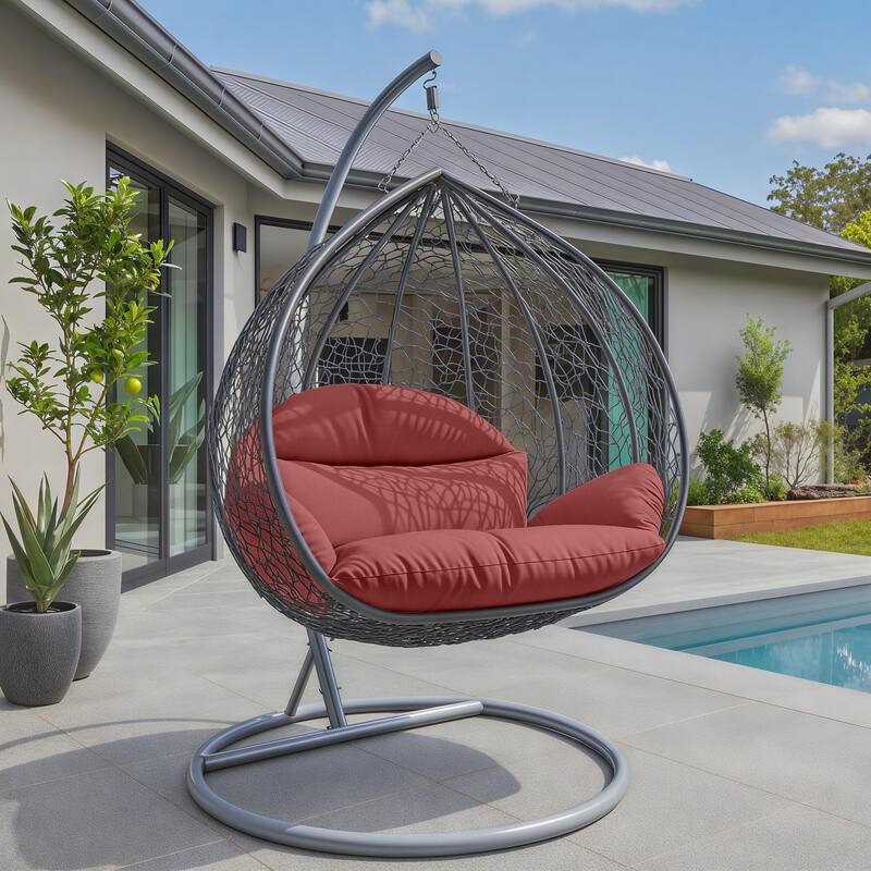 2-Person Egg Swing Chair with Grey Stainless Steel Frame, Cushioned 2-Seater Porch Swing for Outdoor and Indoor Use