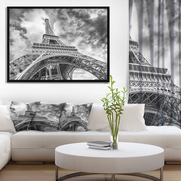 slide 2 of 6, Designart "Black and White View of Paris Eiffel Tower" Cityscape Framed Canvas Print