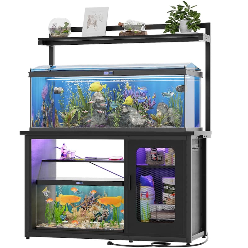 Heavy Duty Aquarium Stand with Reversible Cabinet, 55-75 Gallon Fish Tank Stand with Power Outlets & LED Light