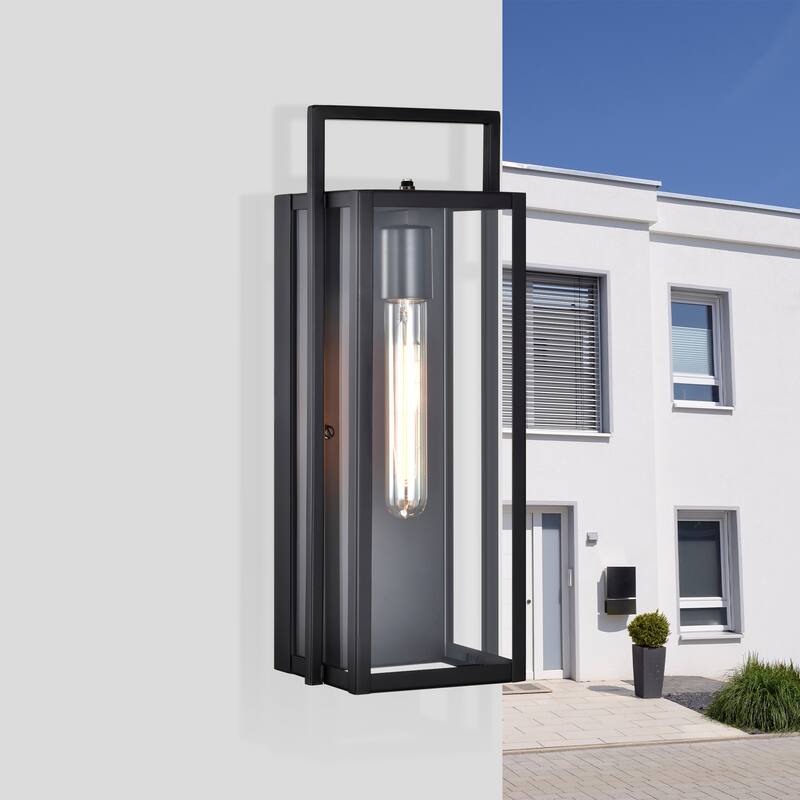 16 in. 1-Light Matte Black Dusk to Dawn Outdoor Hardwired Wall Lantern Sconce with Clear Glass Shade