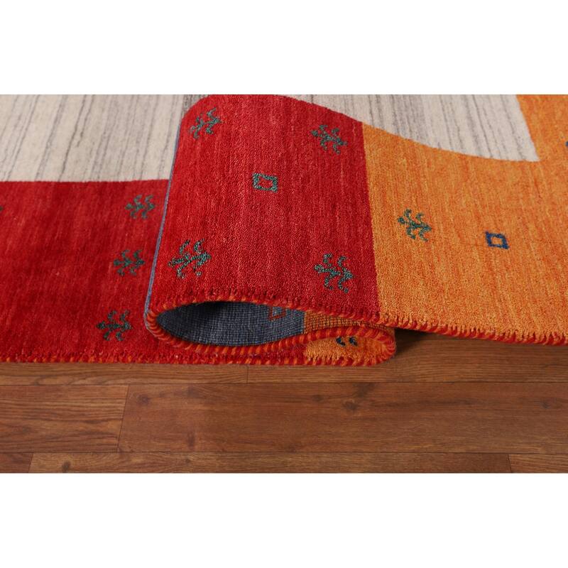 Modern Gabbeh Oriental Area Rug Hand-Knotted Beige Wool Carpet - 8'5" x 9'9"