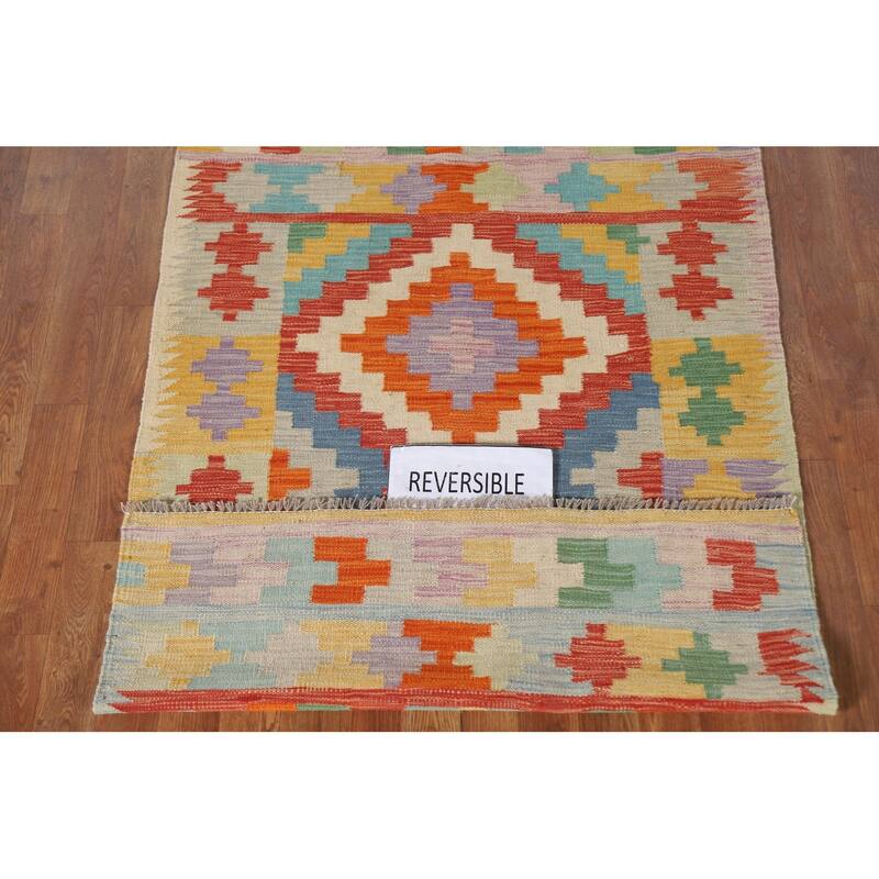 Geometric Reversible Kilim Oriental Accent Rug Flatweave Wool Carpet - 3'4"x 5'2"