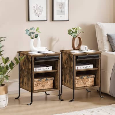 VECELO 3-tier Shelves Modern Brown Nightstand with Switchable Door and Retractable Shelf(Set of 2)
