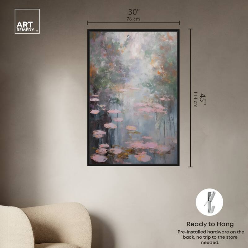 Art Remedy Pink Impressionisty Lilypads Framed Impressionism 1 Piece Canvas Wall Art /Monet And Van Gogh Inspired Art