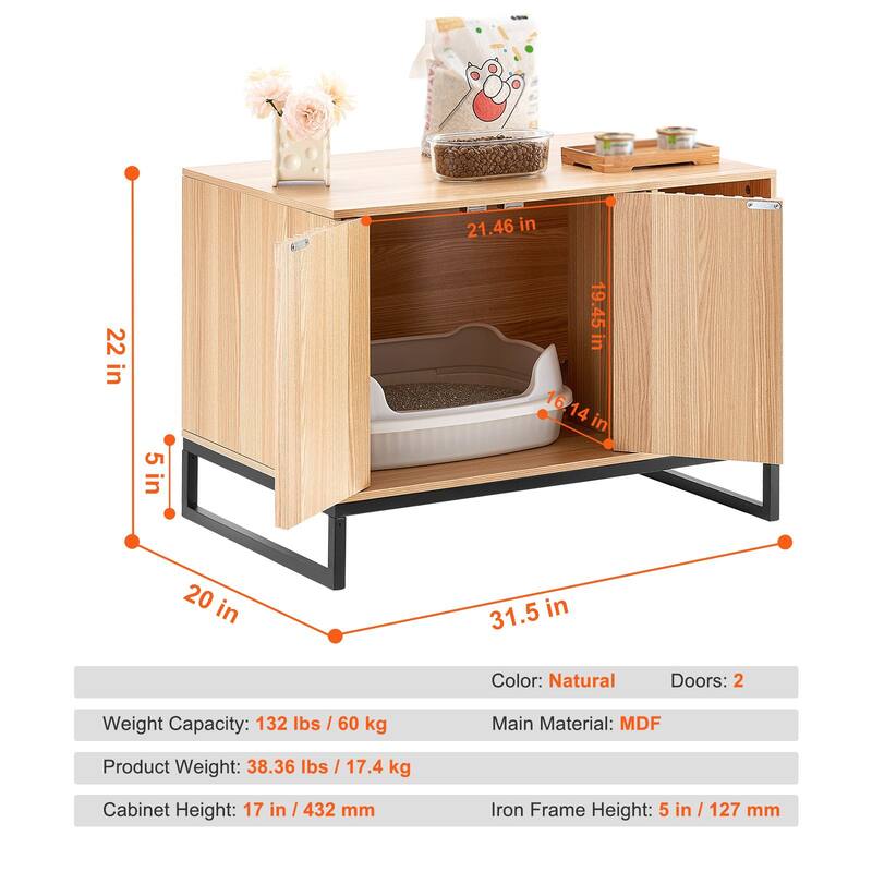 22-Inch Natural MDF Hidden Cat Litter Box Enclosure Furniture with 2 Doors and Convenient Shovel Hook