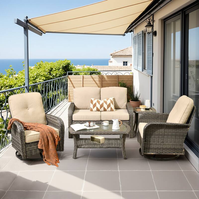 HOOOWOOO 5-piece Grey Wicker Furniture Chat Set Patio Conversation Set with Swivel Chair - Beige
