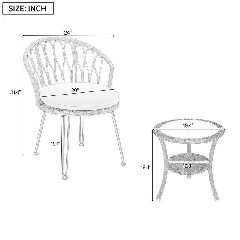 Modern Outdoor Rattan Single Chairs with A Glass Round Table(Set of 2)