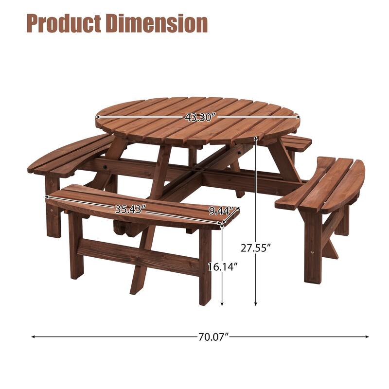 8 Person Dining Table with 4 Built-in Benches Outdoor Camping Round Dining Table Poolside Picnic Beer Table with Seat