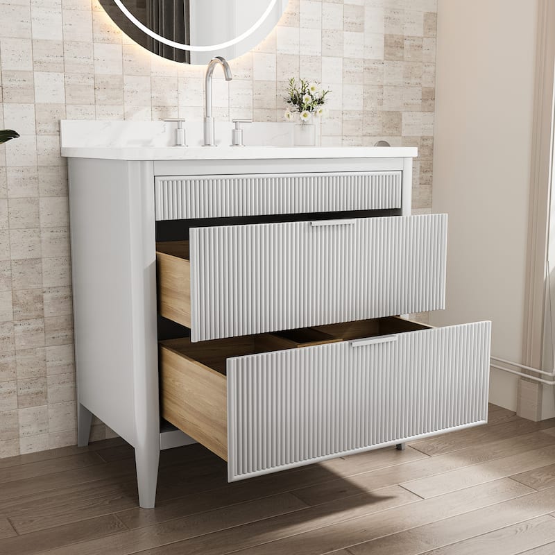 Modland 36" Freestanding Bathroom Vanity with Carrara Marble Top, Soft-Close Drawers, Fully Assembled, Green/Grey - 36 inch