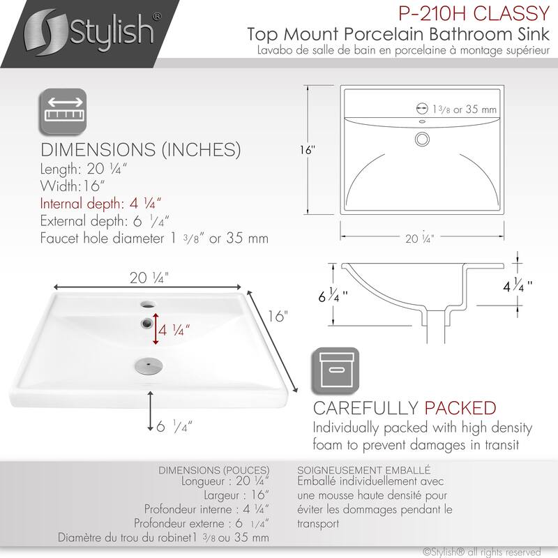 STYLISH 20 1/4 inch Rectangular Undermount Porcelain Bathroom Sink with two Overflow Finishes included - 20 1/4" x 16" x 6 1/4"