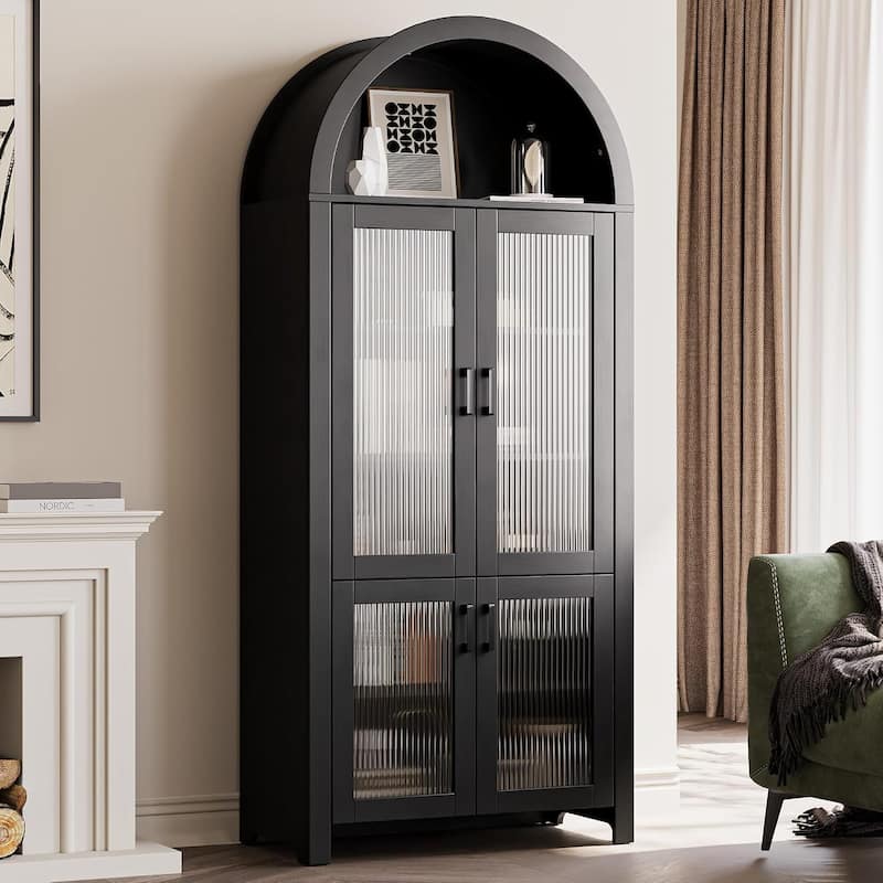 71" Tall Arched Cabinet with Glass Doors, Modern Farmhouse Arched Bookcase Storage with Shelves, Pantry Cabinet - Black