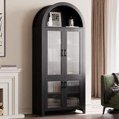 71" Tall Arched Cabinet with Glass Doors, Modern Farmhouse Arched Bookcase Storage with Shelves, Pantry Cabinet
