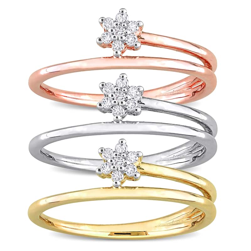 Miadora 1/5ct TW Diamond Floral Promise Rings 3-Piece Set Yellow Rose White Sterling Silver