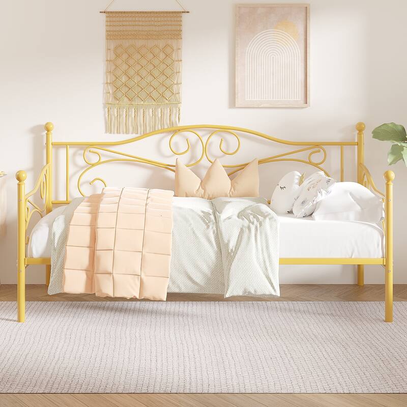 VECELO Scroll Design Metal Twin Size Daybed with Roman Column Legs 440 LBS Capacity Sofa Bed 440 lbs Capacity for Living Room - Gold