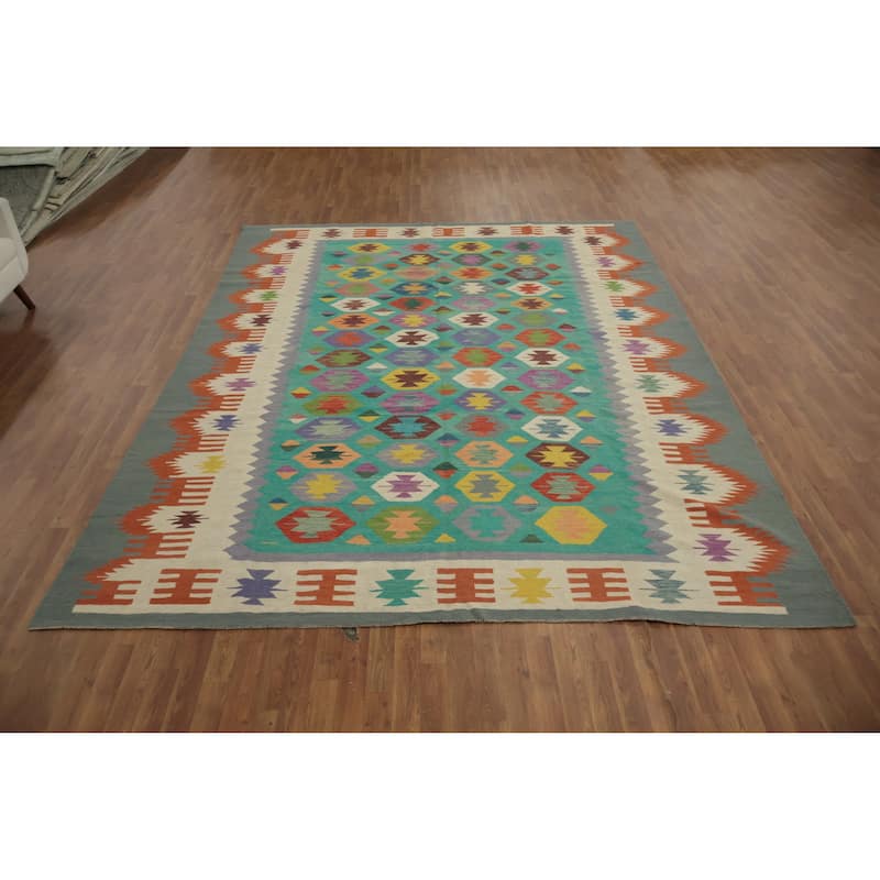 Hand Woven Oriental 100% Wool Carpet Southwestern Tribal Green Kilim Area Rug - 11' 10'' X 9' 0''