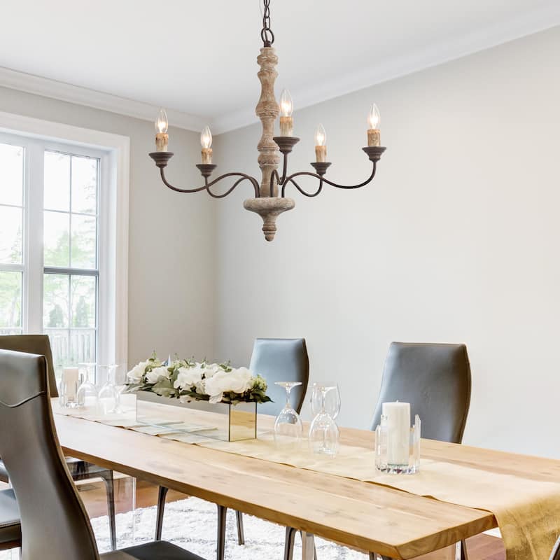 The Gray Barn Farmhouse 5-Light Wood Chandelier French Country Classic Candle Light