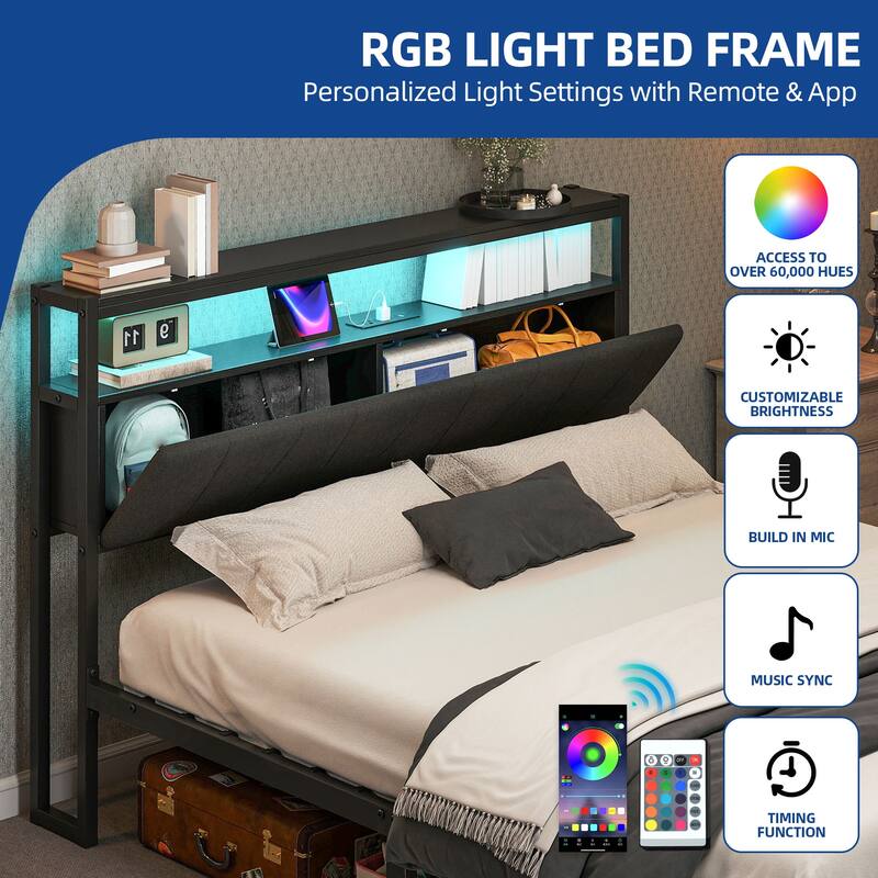 Storage Upholstered Platform Bed with LED Lighting Included and Built In USB Port