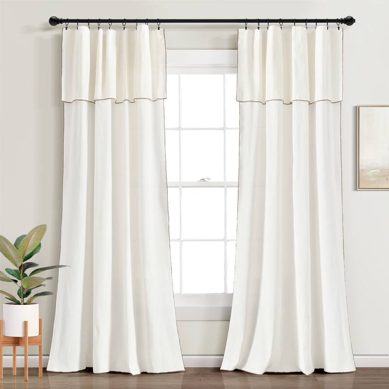 Lush Decor Modern Faux Linen Embroidered Edge With Attached Valance Window Curtain Panels Set