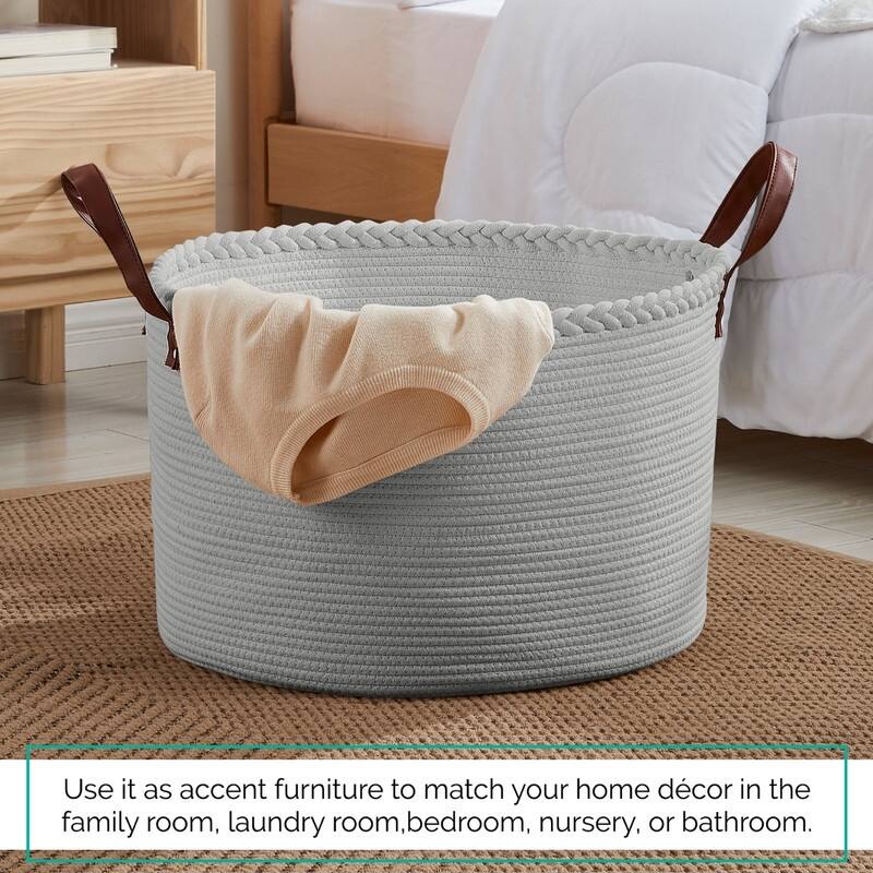 Large Round Cotton Rope Storage Basket Laundry Hamper with Leather Handles, 21 x 21 x 14 - 21" x 21" x 14"