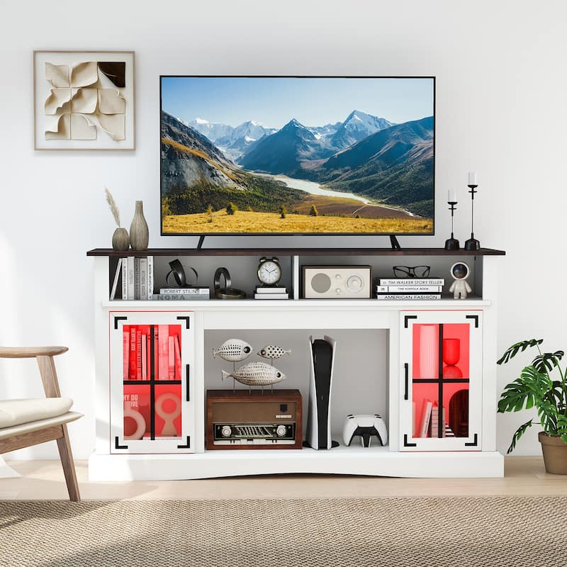 58" White TV Stand with RGB LED Lights Glass Accents Adjustable Storage 50" TV Fits Living Room Decor
