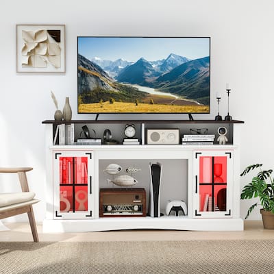 58" White TV Stand with RGB LED Lights Glass Accents Adjustable Storage 50" TV Fits Living Room Decor
