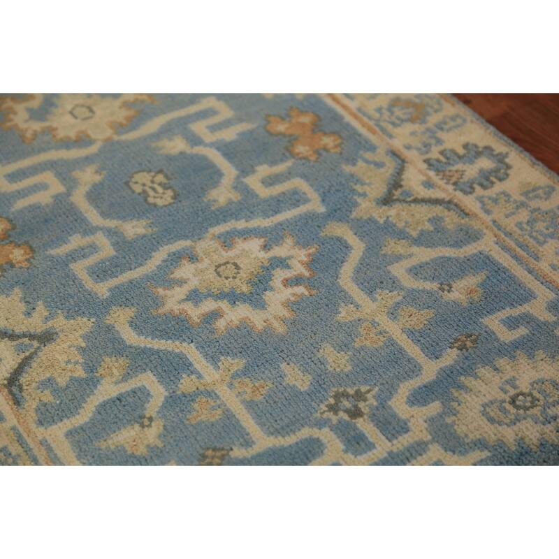 Blue Geometric Oushak Indian Runner Rug Hand-Knotted Wool Carpet - 2'7"x 7'9"