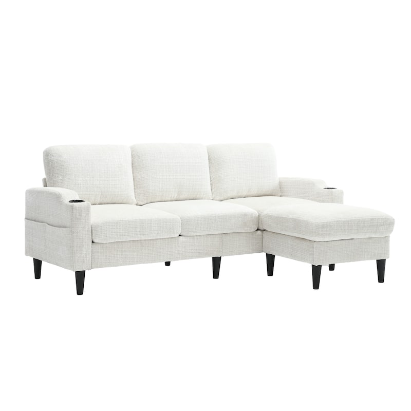Modular Sectional Sofa with Storage Ottoman, Comfy Chenille Fabric Sofa, 3-Seater Sofa with Side Pockets & 2 Cup Holders