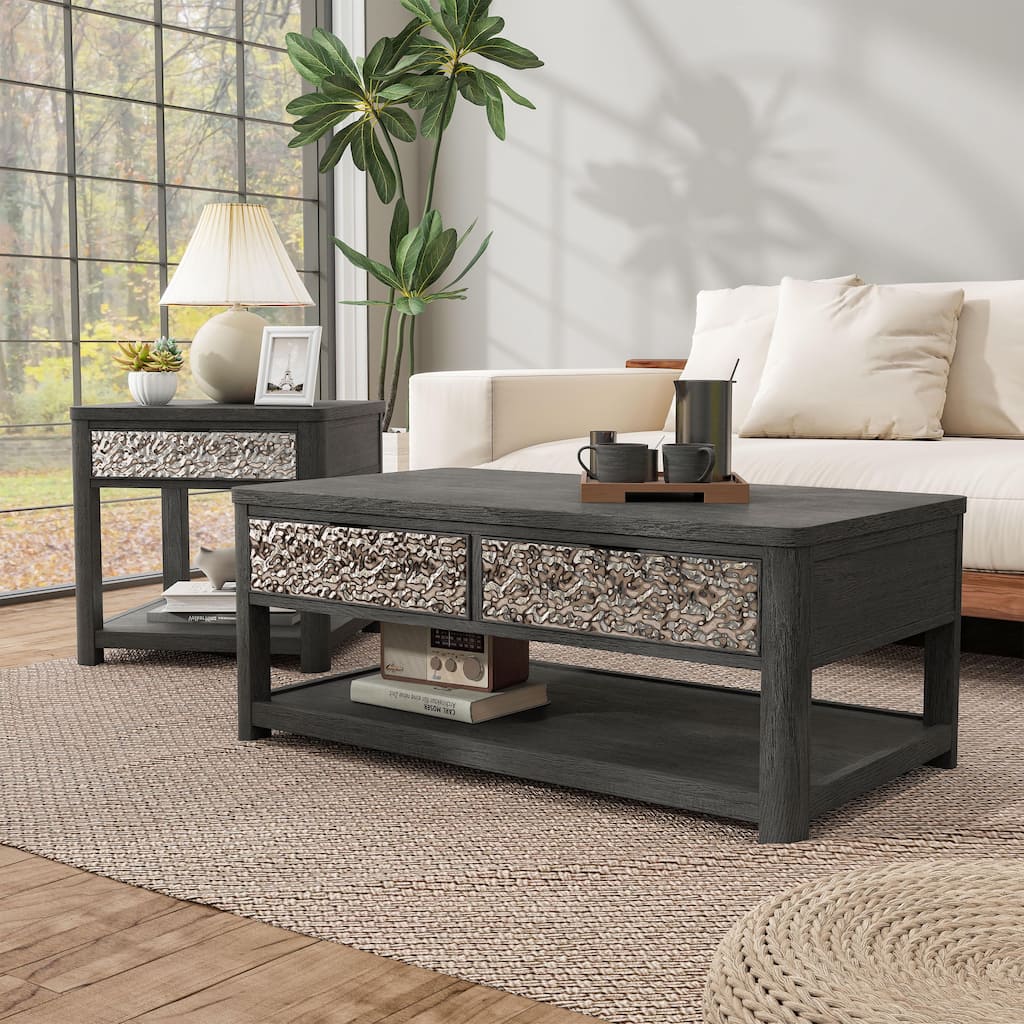 Furniture of America Piez Modern 2-Piece Ash Grey Wood 1-Open Shelf Coffee Table Set with Drawers and Casters