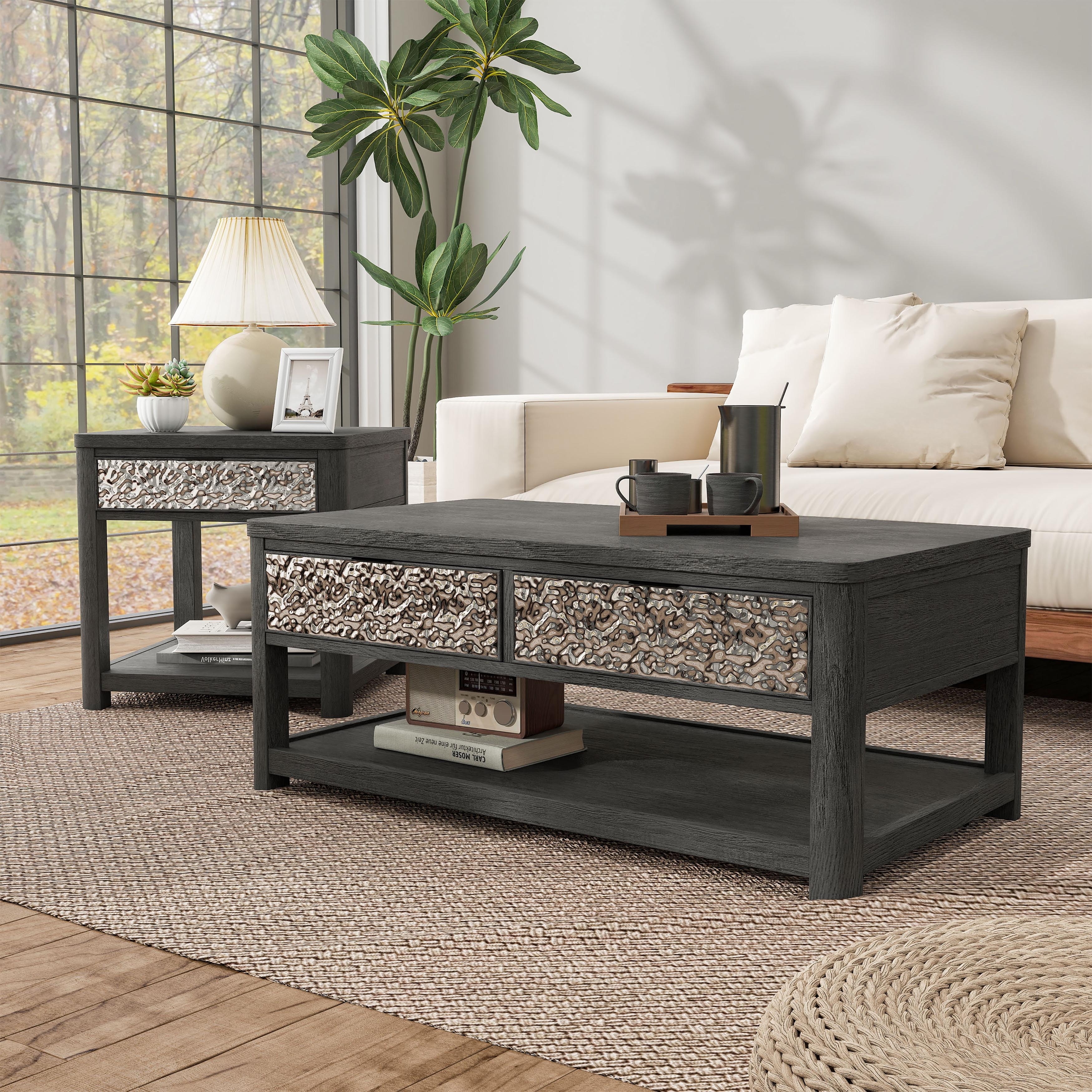 Furniture of America Piez Modern 2-Piece Ash Grey Wood 1-Open Shelf Coffee Table Set with Drawers and Casters