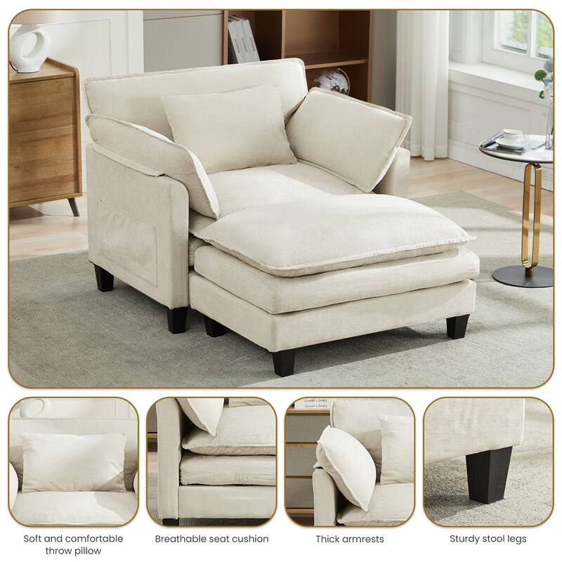 Oversized Single Sofa Chair with Ottoman, Double-Layer Seat Cushion, Chenille Fabric Lounge Chair, Living Room Reading Chair