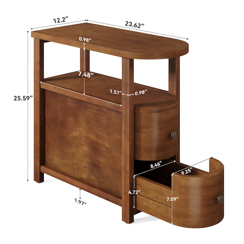 2 Drawer Solid Wood Side End Table, Fully Assembled, Narrow Slim Design