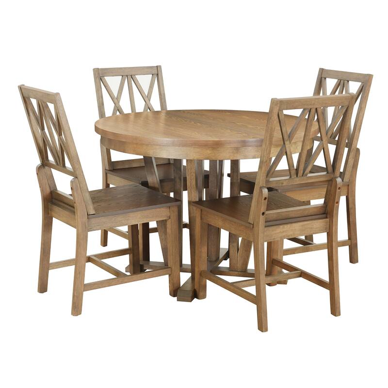 Roomfitters Rustic 5-Piece Extendable Dining Table Set with Round Trestle Table and 4 Cross Back Chairs for Kitchen, Brown