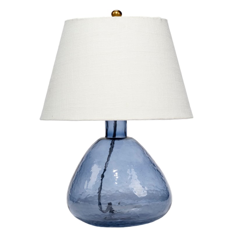 Navi 17 Inch Table Lamp, White Linen Drum Shade, Blue Glass Curved Body