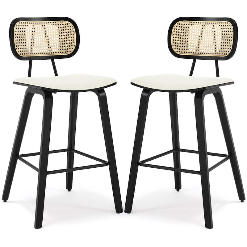26-inch Wood Counter Height Bar Stools with Rattan Back - Set of 2 - White PU-black frame