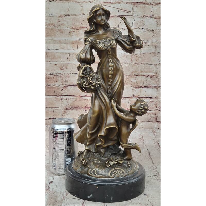 Young Woman W/ Flower Basket Winged Cherub Child - Bronze Sculpture By Milo