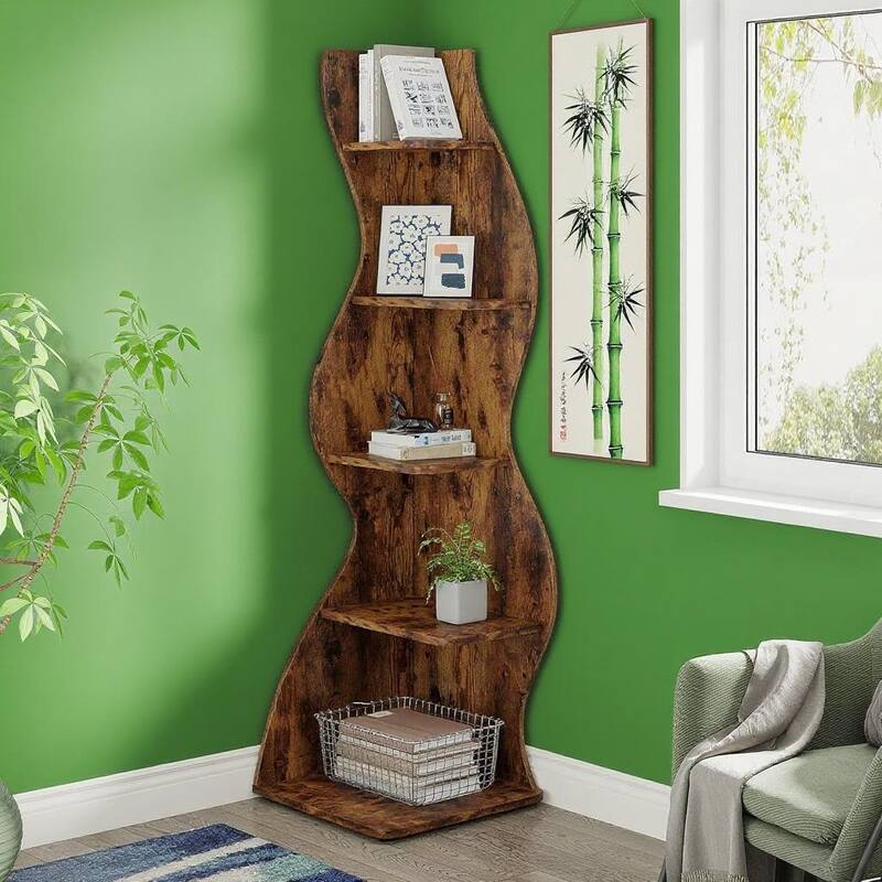 Modern 5-Tier Corner Shelf Unit with Adjustable Shelves for Living Room Office or Bedroom - 19.68” x 18.89” x 69.88”