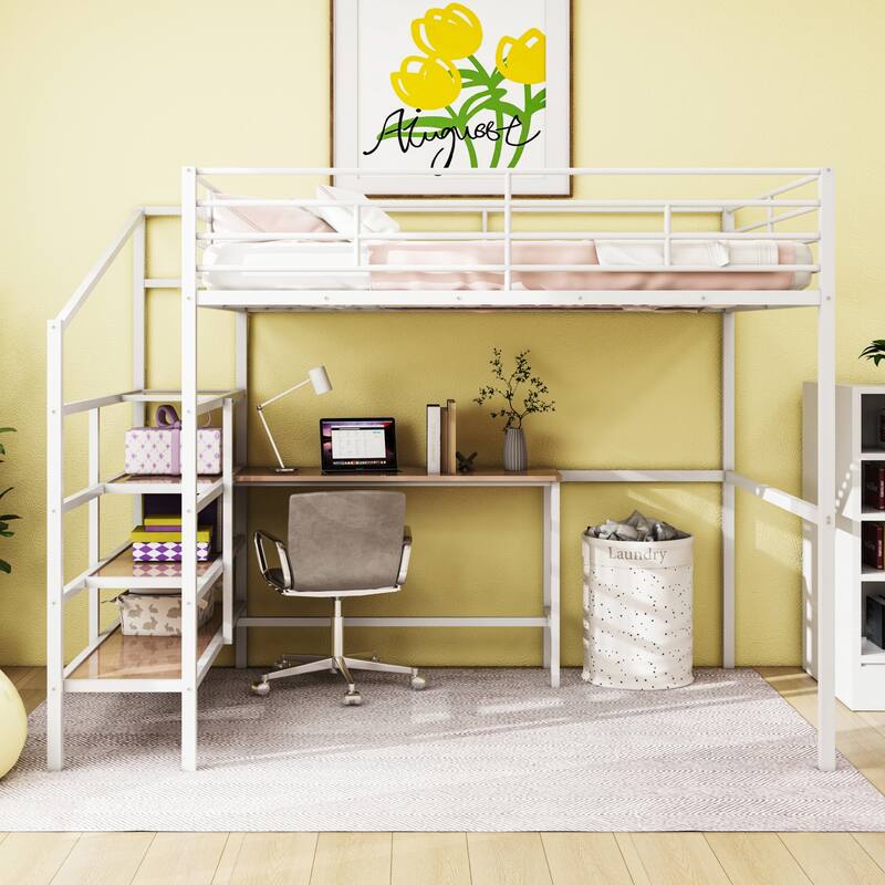 White Full Size Metal Loft Bed with Built-in Desk and Storage Ladder