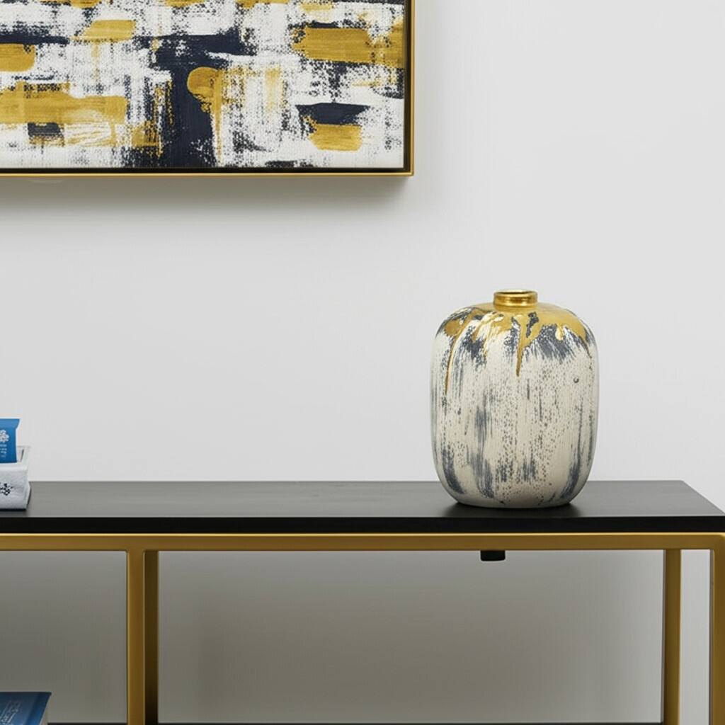 8" Gray Ivory And Gold Modern Abstract Ceramic Table Vase - 6.30