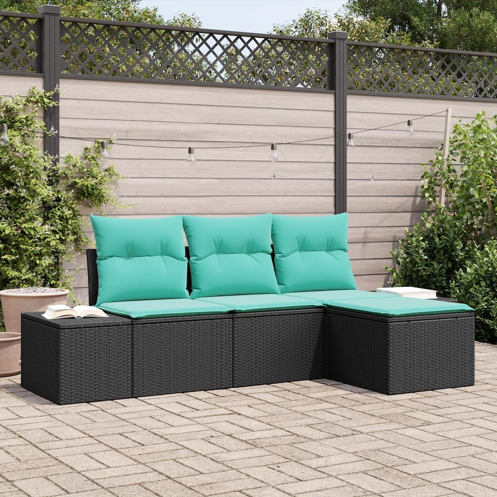 vidaXL 4 Garden Sofa Set with Cushions Black Poly Rattan - 94.1 x 46.1 x 27.2
