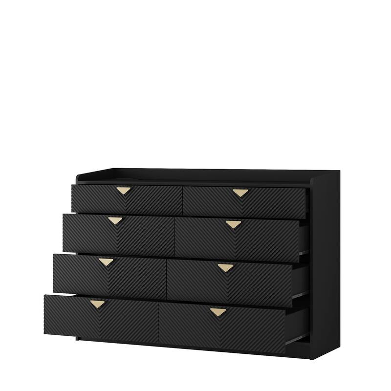 Modern Double Dressing Wood Storage Cabinet with LED Grooved Panel 8 Drawers, for Bedroom Living Room, Black