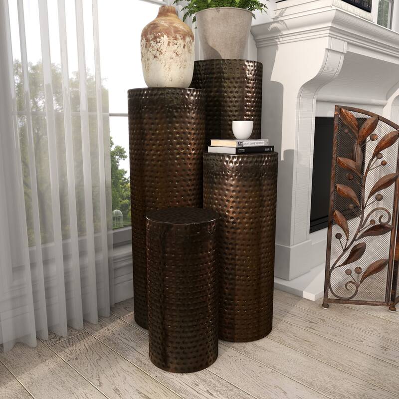 Brown Metal Pillar Style Pedestal Table with Hammered Design (Set of 4)
