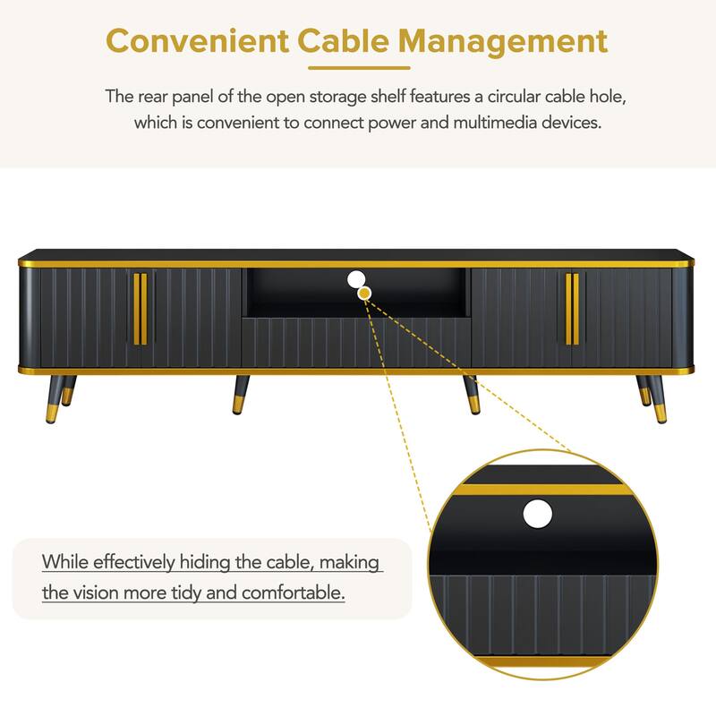 Elegant 79-Inch TV Stand with Ample Storage, Golden Elements, and Sleek Design - Ideal for Large Living Spaces.