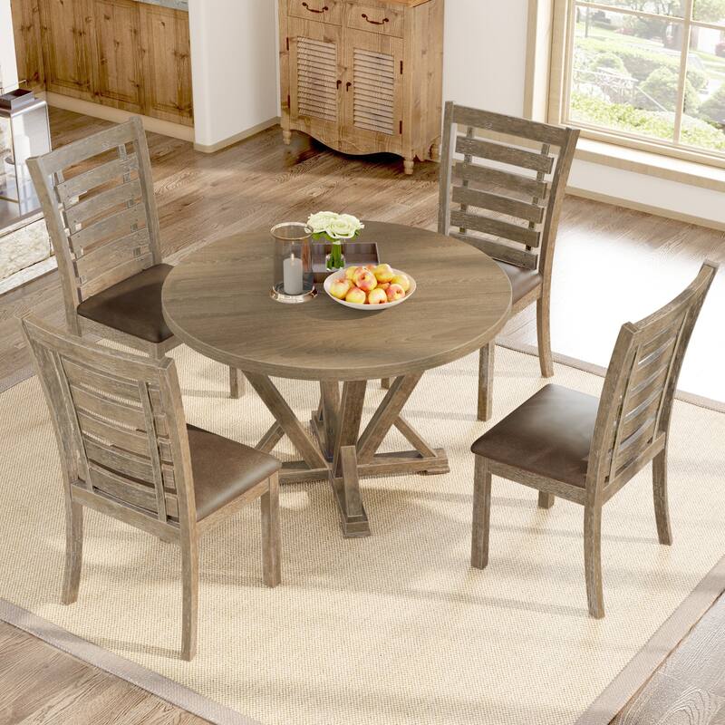 Ouyessir 46" Vintage Solid Wood 4-seat Round Dining Table with 4 chairs